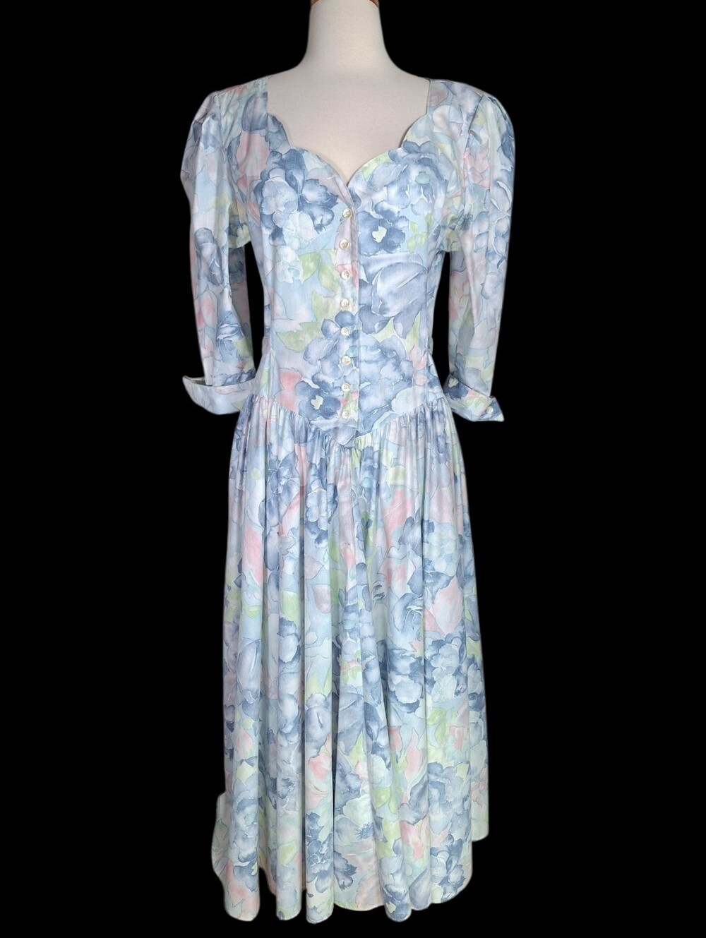 Vintage 80s Expo Floral Cottagecore Midi Dress M 100% Cotton Garden Party Pastel